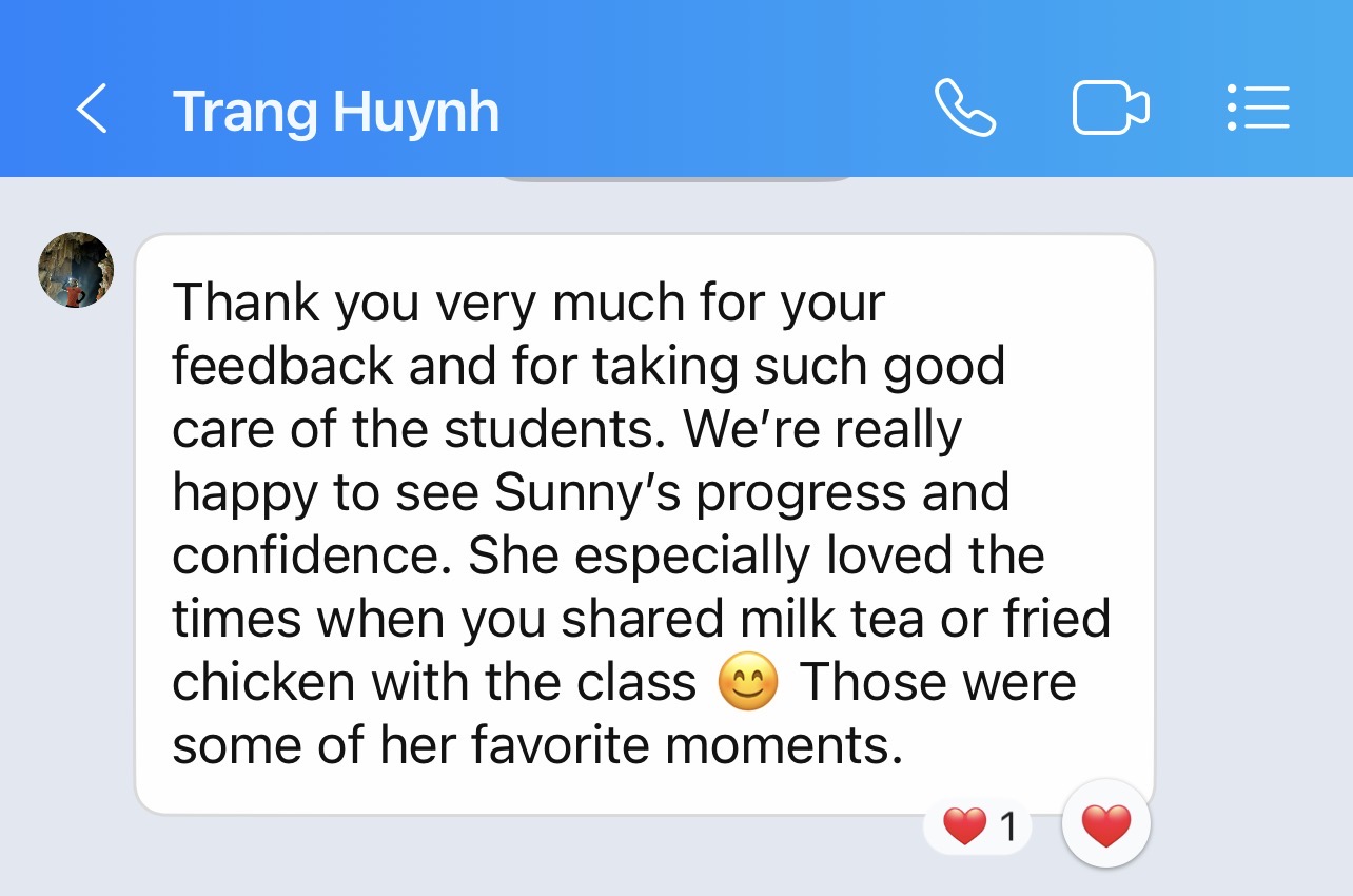 Tin nhắn Zalo của chị Trang Huynh — dì của bé Sunny — cảm ơn thầy Aga đã chăm sóc các con và thấy Sunny tiến bộ và tự tin hơn