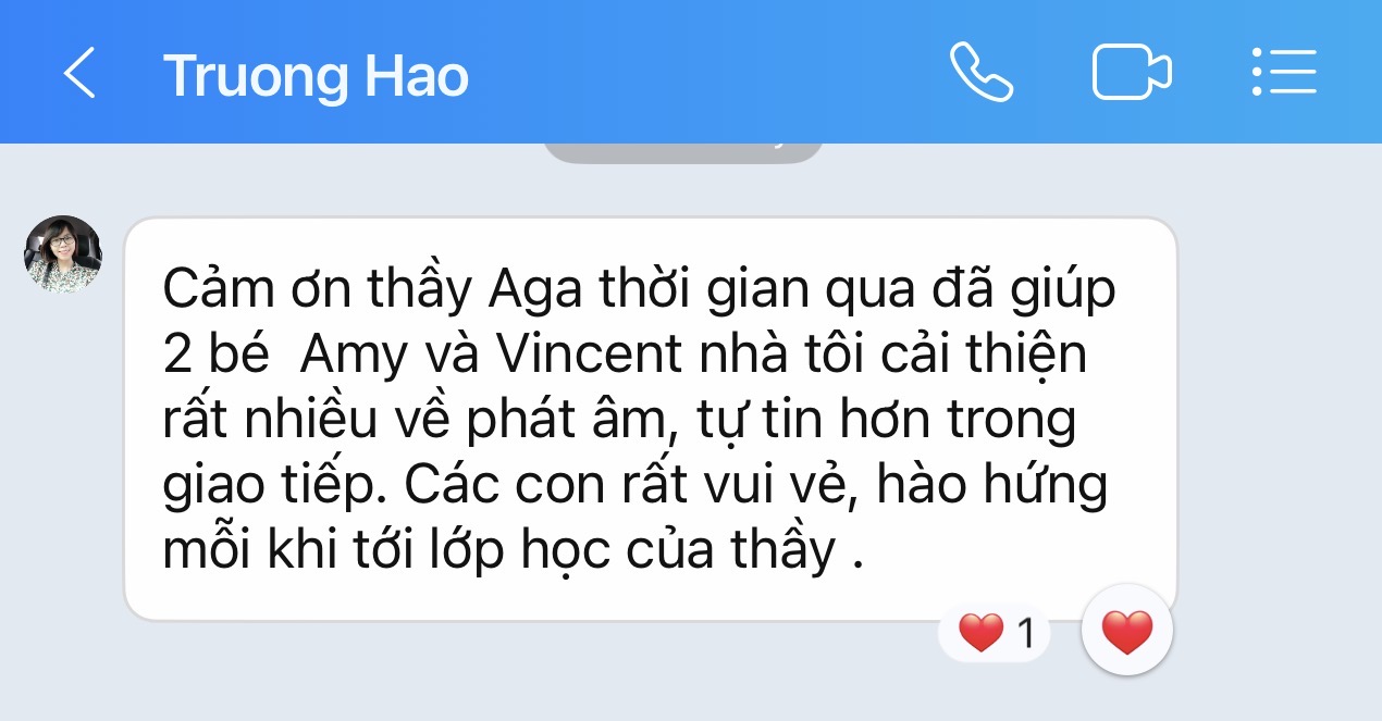 Tin nhắn Zalo của chị Trương Hao cảm ơn thầy Aga đã giúp Amy và Vincent cải thiện phát âm và tự tin giao tiếp